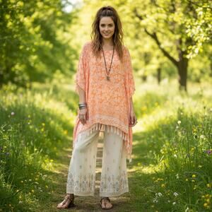 Bali Queen Pancho Kimono Peach Floral Resort Beach Poolside Boho Sz OS